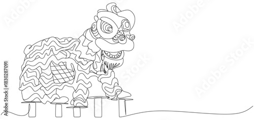 Continuous Line Art of Lion Dance Performance on Pillars