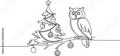 Owl christmas tree holiday winter decoration branch bird line art festive