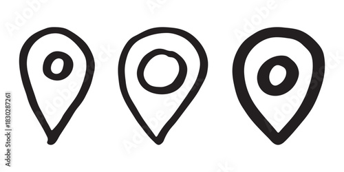 Set of hand drawn map pin Map marker pointer sign GPS and mapping tools Location pin symbol Pinpoint clipart in doodle style Single element for web, design