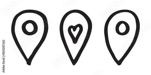 Set of hand drawn map pin Map marker pointer sign GPS and mapping tools Location pin symbol Pinpoint clipart in doodle style Single element for web, design