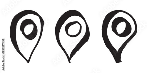 Set of hand drawn map pin Map marker pointer sign GPS and mapping tools Location pin symbol Pinpoint clipart in doodle style Single element for web, design