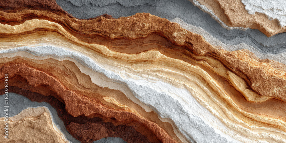 Fototapeta premium Abstract Layered Earth Texture Background with Brown, Beige, White and Gray Colors, Geological Layers, Topography, Sandstone, Sedimentary Rock, Cross Section