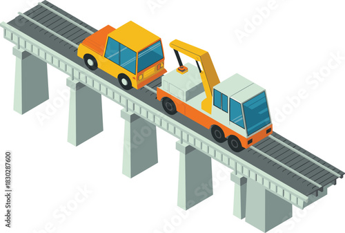 Isometric illustration of railway maintenance vehicle towing car on elevated track, rail bridge scene, transportation repair concept, 3D vector design