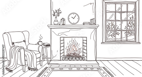 Fireplace armchair cozy winter home interior drawing illustration comfort warm