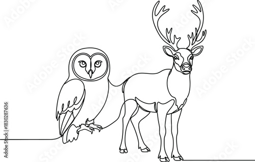 Owl deer line art drawing wildlife nature animal forest minimalist design