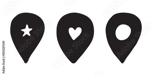 Set of hand drawn map pin Map marker pointer sign GPS and mapping tools Location pin symbol Pinpoint clipart in doodle style Single element for web, design