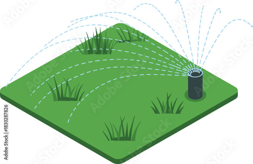 Isometric lawn sprinkler system watering green grass, irrigation equipment, garden maintenance, outdoor landscaping tool, water spray pattern for yard care