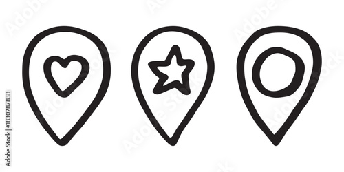 Set of hand drawn map pin Map marker pointer sign GPS and mapping tools Location pin symbol Pinpoint clipart in doodle style Single element for web, design