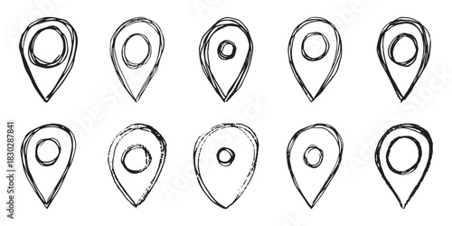 Set of hand drawn map pin Map marker pointer sign GPS and mapping tools Location pin symbol Pinpoint clipart in doodle style Single element for web, design