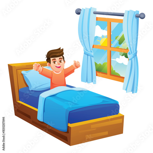 Little boy character happily stretching his arms out in bed after waking up to the sunny window. Vector cartoon illustration