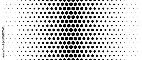 Black hexagon gradient texture. Vanishing honeycomb repeating pattern background. Geometric hexagonal halftone tech overlay backdrop. Fading grunge halfton wallpaper. Vector retro dot texure wallpaper