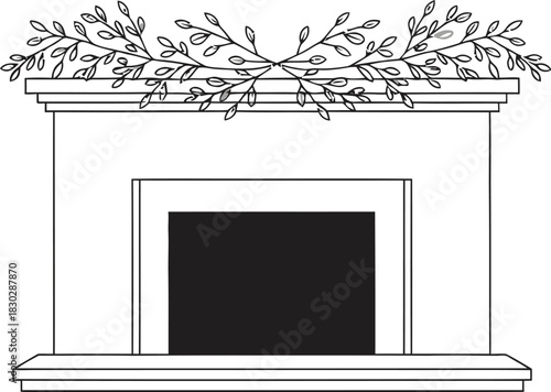 Fireplace mantel holiday decoration leaves hearth home interior design drawing