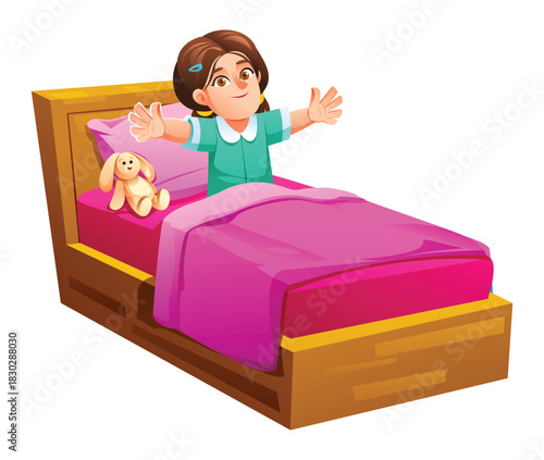 Joyful girl character sitting up in bed with arms wide open and stuffed rabbit toy after waking up. Vector cartoon illustration