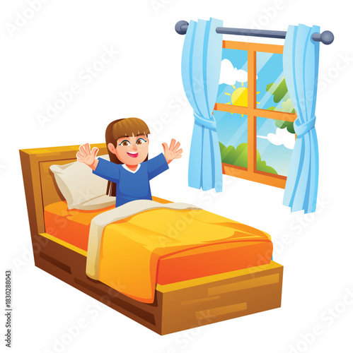 Little girl character sitting up in bed with arms raised and stretching to the morning sun outside the window. Vector cartoon illustration