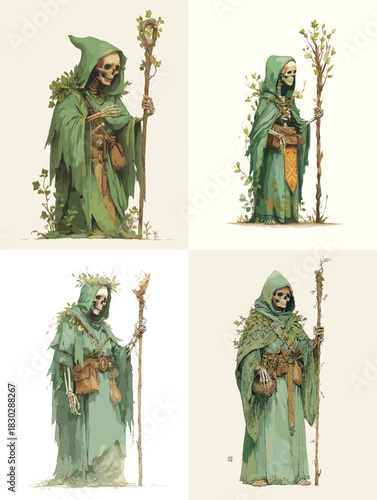 Set of skeleton druids in green hooded robes with staffs, leaves and forest details, mystical nature guardian character illustration on light background.