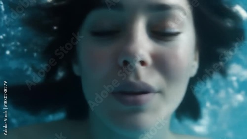 Close-up portrait of a person underwater, eyes closed, surrounded by the blue