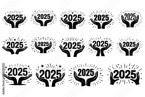 Black 2025 year icons with hands and starbursts new year