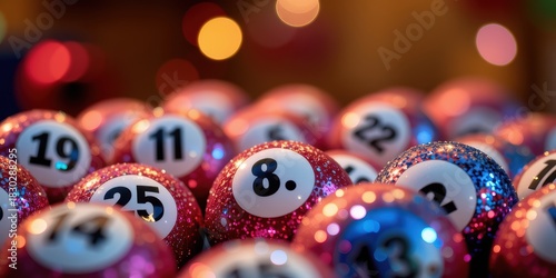 Colorful bingo balls arranged with various numbers in a vibrant setting.