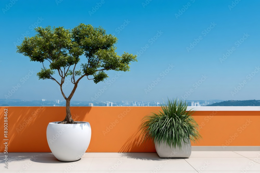 Obraz premium Outdoor terrace with potted trees and city view