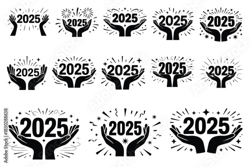 Black hands holding 2025 year number with stars and rays