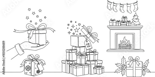 Christmas gifts presents holiday celebration fireplace stockings winter season joy