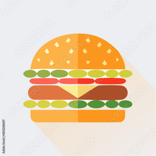 Flat Design Burger Illustration with Cheese and Vegetables.