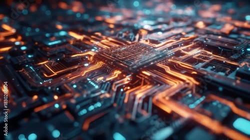 Close-up view of a circuit board with glowing neon traces and bokeh