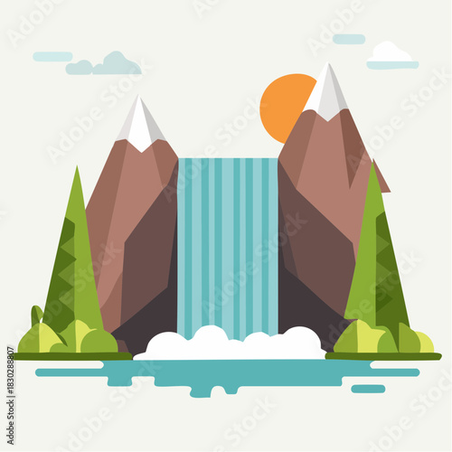 Flat Design Waterfall Landscape with Mountains and Trees.