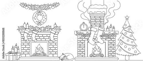 Christmas fireplace stockings wreath gifts tree cat holiday season winter home