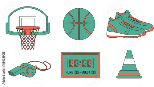 Basketball game equipment and training accessories icon set with a modern line art design for sports concepts