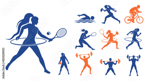 Sport silhouettes depicting tennis, swimming, running, cycling, weightlifting, basketball