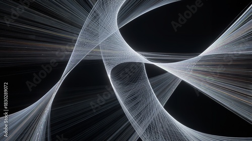 Fototapeta Naklejka Na Ścianę i Meble -  Abstract digital art depicting tangled threads or filaments of light against a black backdrop.