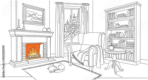 Interior living room fireplace armchair cat cozy winter books home relax