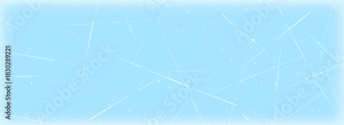 Scratched ice surface texture. Blue icy background with skate traces, cracks, scratches. Frozen lake or pond water wallpaper with dots, spots and lines. Winter sport rink backdrop. Vector illustration