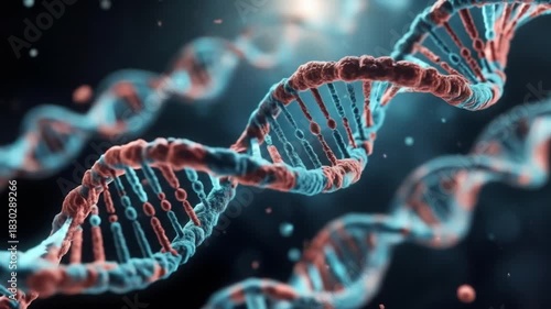Close-up view of DNA strands in a blurry background, with red and teal hues
