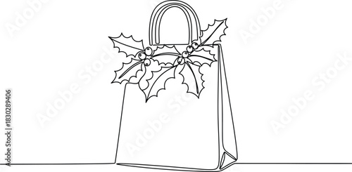 Christmas shopping bag holiday gift present holly berries line art drawing
