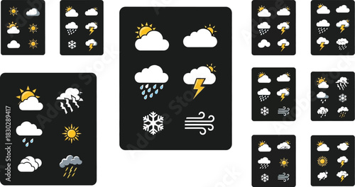 Weather forecast icons for sunny days, rain, snow, and storms offer a complete climate set.
