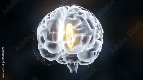 Transparent human brain anatomy illustrating active neural pathways with glowing effect