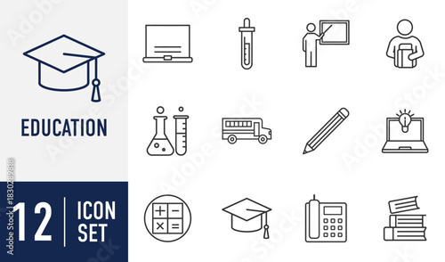 Education line icons set. school, college, university, science, learning, graduation, student, teacher, and knowledge symbols. Vector
