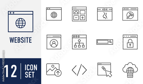 Website line icons set. web development, internet service, featuring browser, global network, ui, error, settings, user, sitemap, security, and cloud concepts. Vector