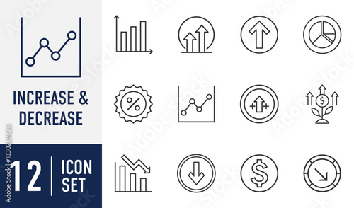 Increase and Decrease line icons set. featuring data visualization, business analytics, financial growth, and market trend symbols. Vector