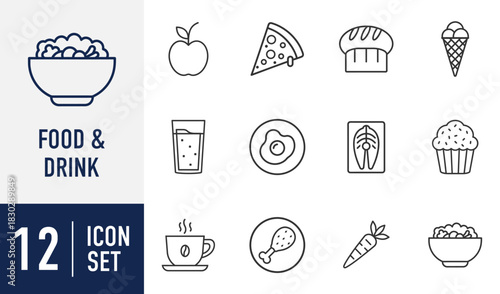 Food and Drink line icon set. with various meal, snack, beverage, and dessert symbols for menu design, culinary apps, or healthy eating concepts Vector
