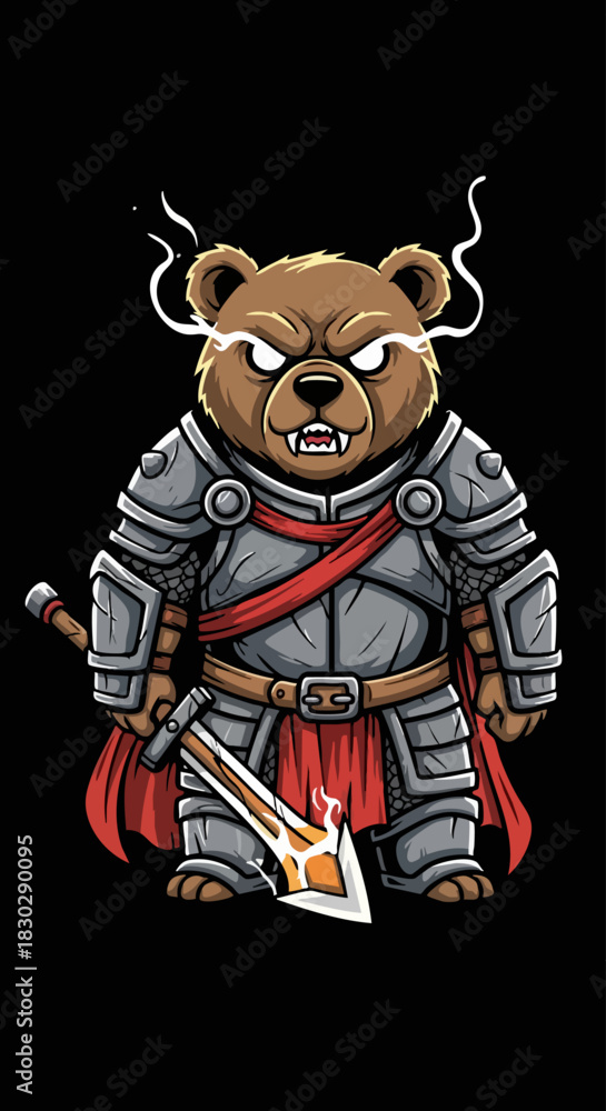 Fototapeta premium Fierce Armored Bear Knight Warrior with Glowing Sword Illustration.