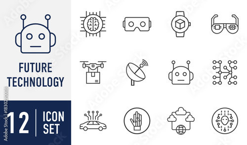 Future Technology line icons set. featuring ai, robotics, virtual reality, augmented reality, drones, smart devices, and interconnected systems. Vector