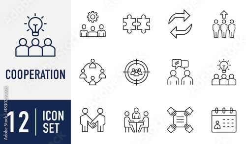 Cooperation line icons set. teamwork outline icon set. business collaboration, partnership, meeting, brainstorming, leadership, communication line icons. Vector