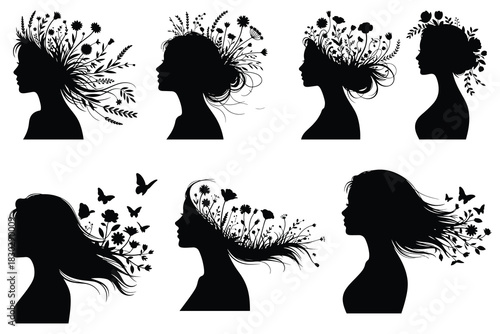 Black silhouette profiles of women with flowers and butterflies