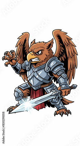 Mighty griffin warrior in shining armor holding a glowing sword ready for battle.