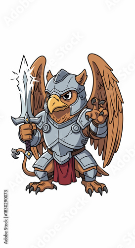 Cartoon Griffin Warrior with Sword and Armor.