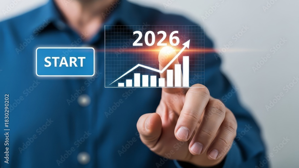 Naklejka premium A person pointing at a screen showing a graph, the word start, and the year two thousand twenty six