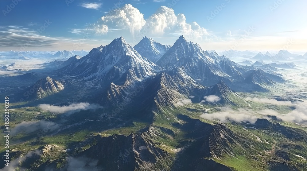 Naklejka premium Majestic mountain range with snowcapped peaks under a cloudy sky creates a breathtaking landscape perfect for adventure and nature enthusiasts